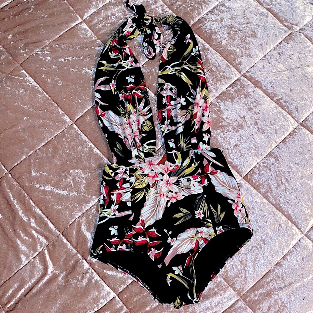 Floral Low Cut Halter One Piece